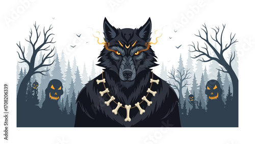 Mystical Wolf in Enchanted Forest: A captivating illustration of a wolf exudes an aura of mystery, framed by a spooky forest with haunting shadows and ethereal glow.