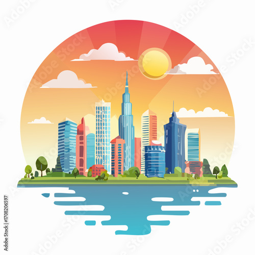 Cityscape at sunrise morning landscaped vector illustration graphic design