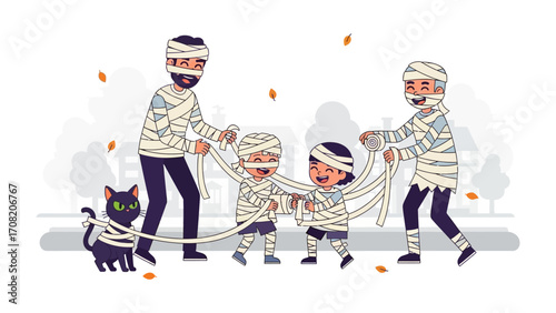 Halloween Mummy Family: A family embraces the spooky spirit of Halloween, adorning themselves in mummy costumes and sharing laughter and joy. A black cat playfully joins in the fun.
