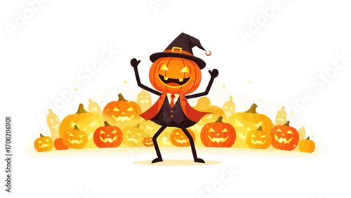 Spooky Halloween Pumpkin: A whimsical illustration of a pumpkin character standing proudly amongst a gathering of grinning pumpkins, set against a backdrop of ethereal light.