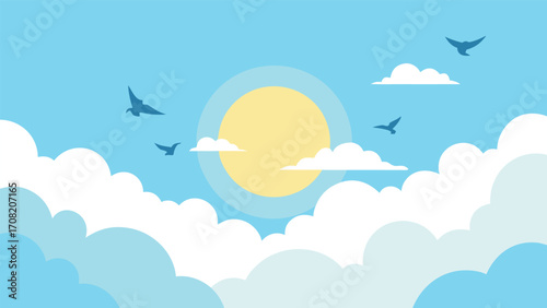 Serene sunny sky with fluffy clouds and birds soaring high above vector illustration