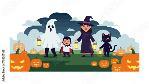 Happy Halloween Gathering: A whimsical Halloween illustration capturing a joyful Halloween scene featuring children in costumes with pumpkins, a cat, and a cheerful spirit.