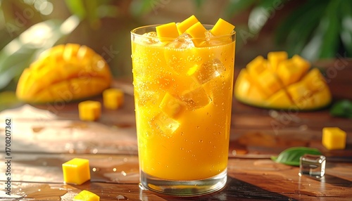 Glass of Fresh Manggo juice on a White Table with Bright Yellow Citrus Drink
