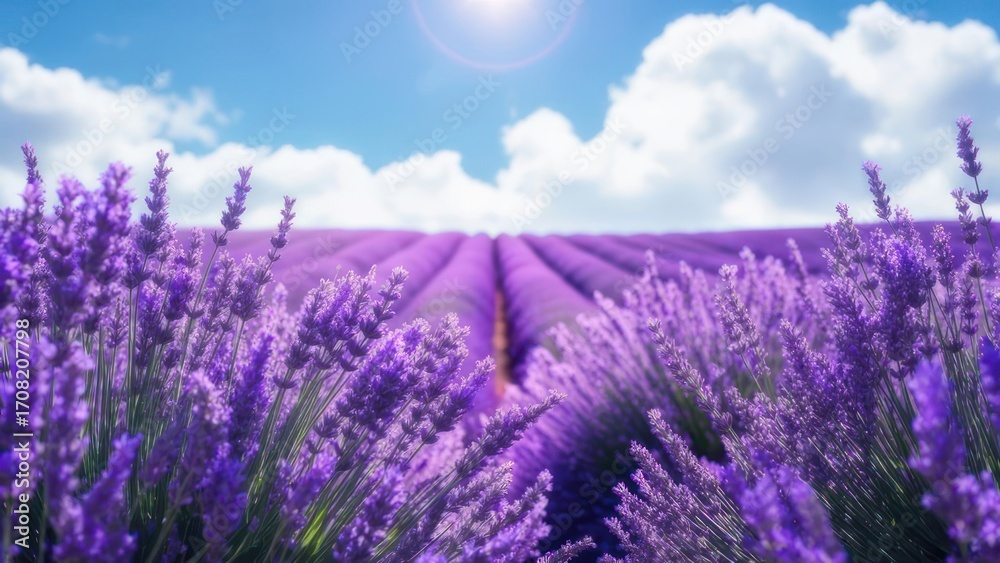 Obraz premium Vibrant purple lavender field under a bright sun and fluffy clouds