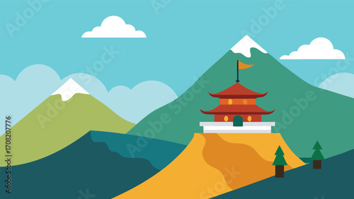 Serene buddhist temple mountain landscape vector illustration peaceful asian architecture