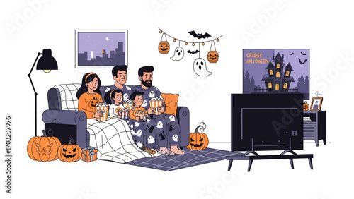 Family Movie Night Halloween: A cartoon family is watching a movie on a tv screen with Halloween decorations, captured indoors and decorated to fit the spooky festival spirit.