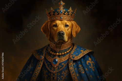 Regal Dog Portrait in Royal Blue Robe and Crown, Renaissance Style Painting