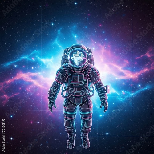 A futuristic astronaut, adorned with a glowing, stylized symbol, floats amidst a vibrant nebula of pink and blue hues in a star-studded cosmos.