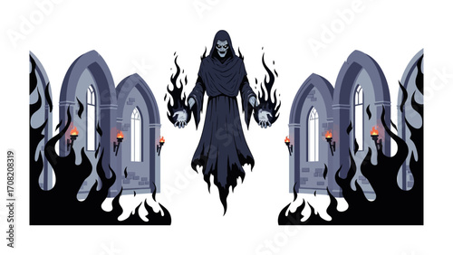Mystical Figure with Flames: A spectral figure emanates power, his silhouette outlined against the backdrop of an ominous gate, the intensity of the scene enhanced by dynamic flames.