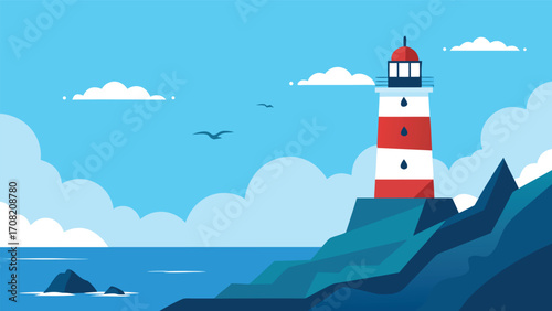 Serene lighthouse on rocky coastline vector illustration for maritime and coastal designs