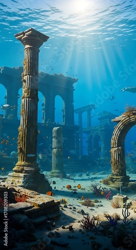 An underwater ancient ruin, bathed in sunlight, showcases weathered stone columns and coral reefs, filled with fish, creating a serene and mysterious ambiance.