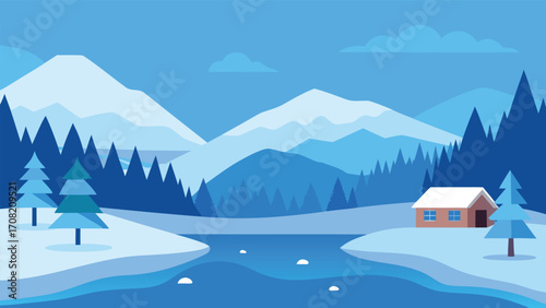 Serene winter landscape vector illustration frozen lakes mountains snowy trees cabin eps scalable