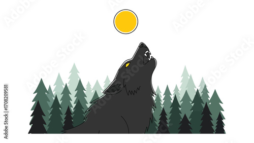 Solitary Howl Beneath the Sun: A black wolf raises its head, letting out a powerful howl under a bright yellow sun, with a backdrop of evergreen trees in this illustration