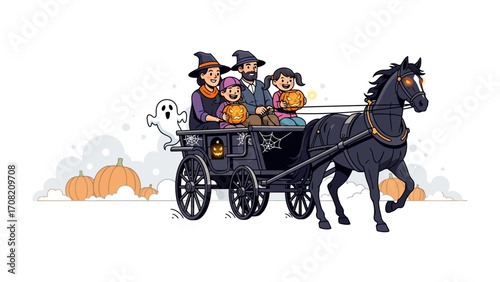 Halloween Horse Drawn Carriage: A family enjoys a festive ride in a horse-drawn carriage, embraced by the spirit of Halloween, carrying pumpkins and a cute ghost friend in the whimsical scenery.