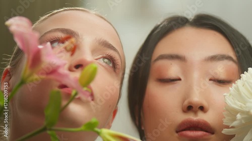 Two multiethnic women holding beautiful aromatic flowers posing in studio beauty procedure cosmetic. Diversity female faces Caucasian Chinese Asian Korean Japanese girls pretty skin treatment perfume