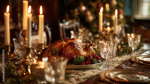 Wallpaper Mural The table is laid out for a festive Christmas dinner, with a roast turkey in the center, candles glowing softly, and holiday-themed decorations adorning the table. Torontodigital.ca