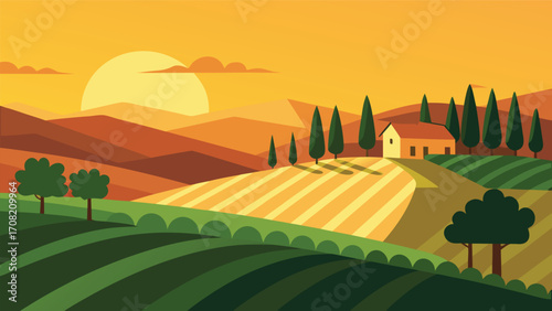 Serene french vineyard landscape at sunset vector illustration scalable eps art