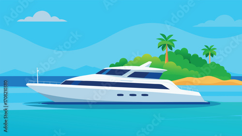 Sleek luxury yacht sailing through tropical turquoise waters island paradise vector illustration
