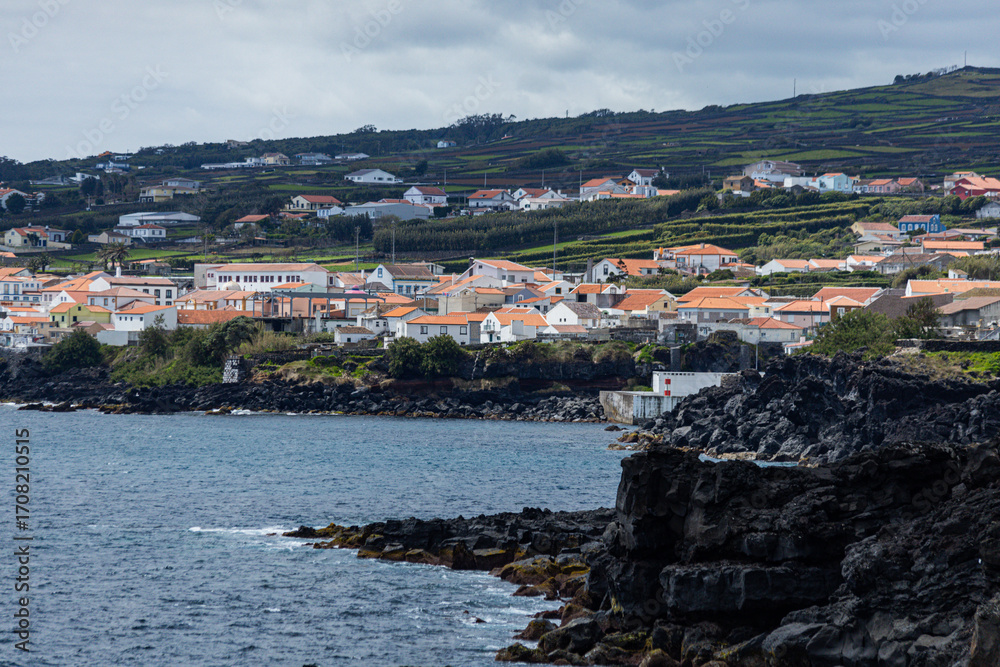 Fototapeta premium Aerial view of the coastal town Angra do Heroismo at Terceira island Azores Portugal