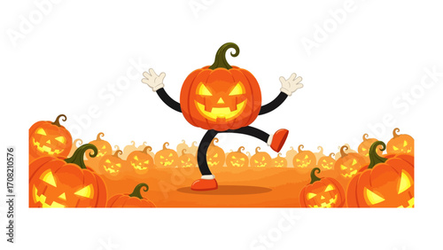 Playful Pumpkin Parade: A cheerful jack-o'-lantern happily leads a parade of glowing pumpkin figures, a whimsical scene perfect for Halloween celebration.