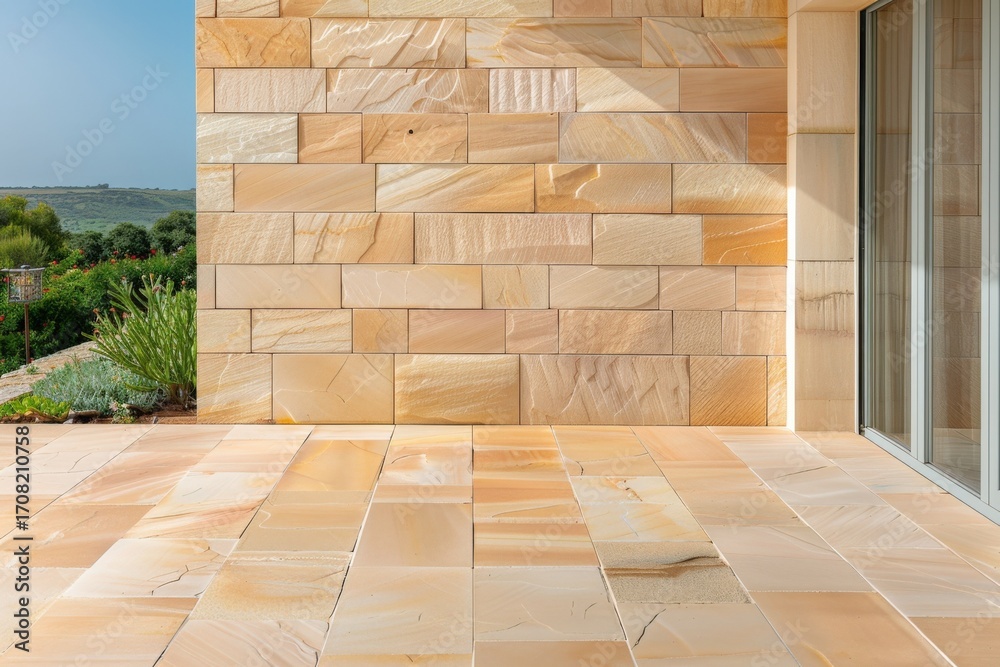 Fototapeta premium Elegant Sandstone Wall and Paving Detail with Natural Light, Modern Exterior Architecture and Landscape