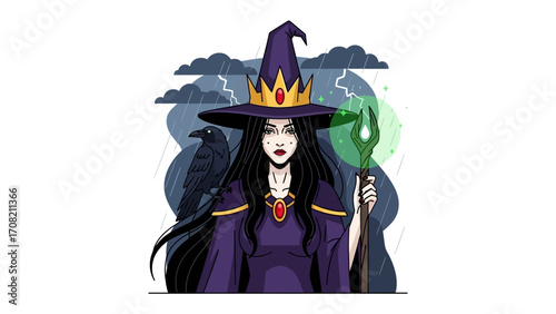 Mystical Witch Illustration: A powerful and enchanting witch, clad in elegant purple, stands before a dramatic storm, accompanied by her trusted raven, symbolizing mystery and magic.