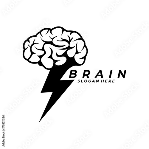 Fast brain think logo design vector. Brain Bolt logo icon. Brain with lighting vector
