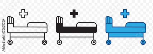 Hospital bed icon set. emergency icu patient bed vector symbol. treatment stretcher line pictogram. suitable for mobile app, and website UI design.
