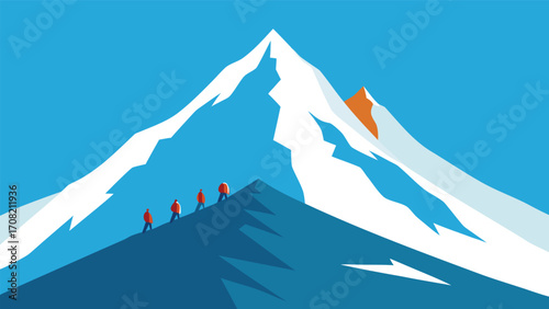 Snowy mountain peak vector illustration with climbers ascending to summit