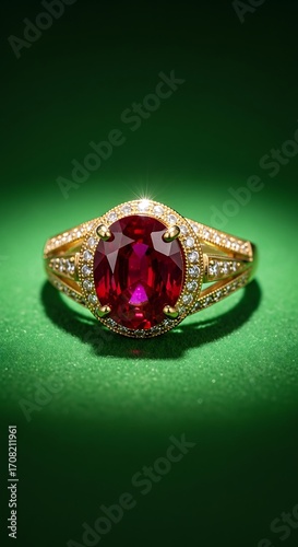 A close-up shot of a beautiful gold ring featuring a vibrant, oval-shaped ruby, surrounded by sparkling diamonds, set against a rich green backdrop.