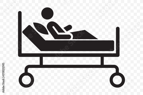 Hospital icon, black isolated icon with medical cross and person in bed symbols color editable