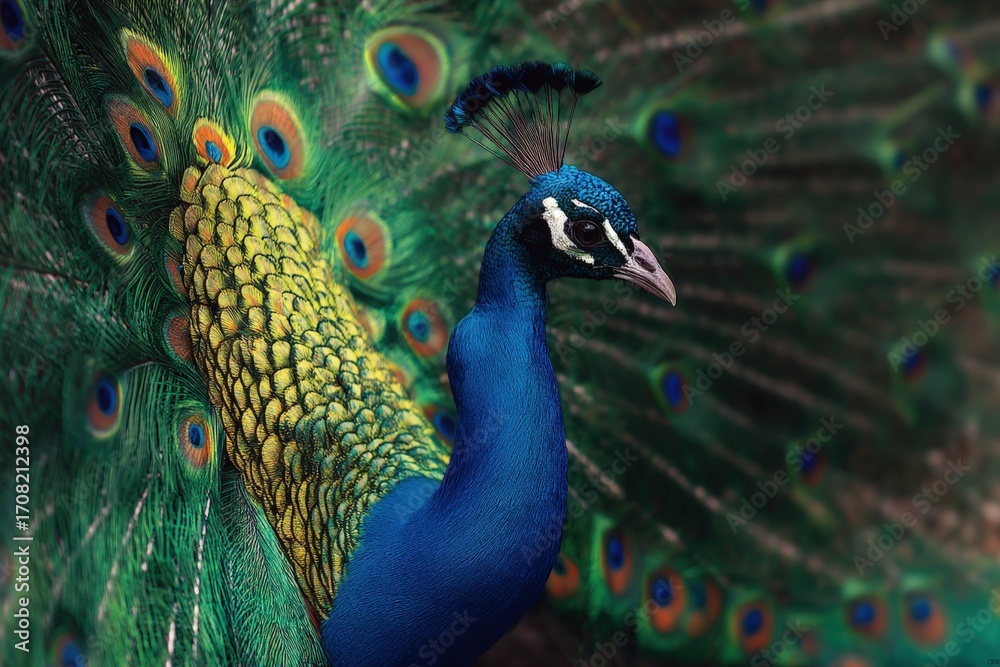 Obraz premium Majestic Peacock Displaying Vibrant Feathers, Iridescent Plumage, Captivating Eyespot Pattern, Symbolizing Beauty, Pride, and Exotic Wildlife