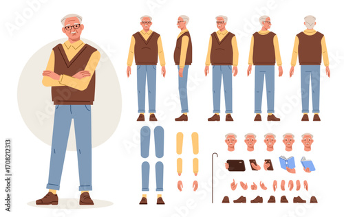 Elderly man with crossed arms. Character constructor for animation. Front, side and back view set. Body parts, postures, poses collection. Vector illustration.