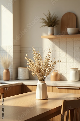 Light-filled minimalist kitchen interior with a bouquet of dried flowers on a wooden table, a tranquil scene of Japandi-style home decor