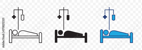 Hospital icon, black isolated icon with medical cross and person in bed symbols color editable
