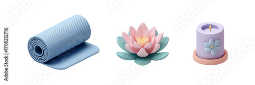 Still life of yoga mat lotus flower and candle on a  isolated on transparent background