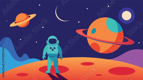 Astronaut exploring alien planet universe space travel science fiction vector illustration