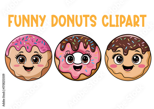 Cute Smiling Donuts Clipart Set Kawaii Cartoon Donuts with Sprinkles and Faces