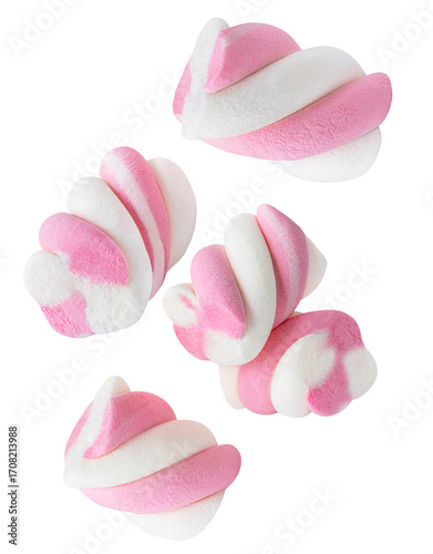 Levitating Marshmallow isolated on white background. Twisted  flying rainbow coloured marshmallow Candies