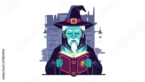 Wizard Reading a Book: A wise old wizard, adorned with a majestic hat, is deeply engrossed in the captivating pages of an ancient book, surrounded by the mystical atmosphere of knowledge and magic.