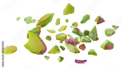 Isolated Pistachio flying on white background. Pistachio  Explosion with broken pieces and crumbs. Levitating Pistachio nuts  Top view. Flat lay. Pattern 