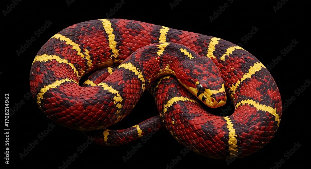 Naklejka premium Realistic Ringed Red Snake Illustration Coiled on a Contrasting Dark Background