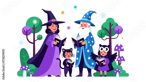 Enchanted Gathering: A charming illustration depicts a gathering of a witch, a wizard, and their animal companions, immersed in the study of ancient spell books in an idyllic forest setting.