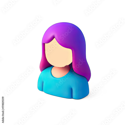 A 3D-rendered avatar with purple and pink hair, wearing a blue shirt, against a transparent background.