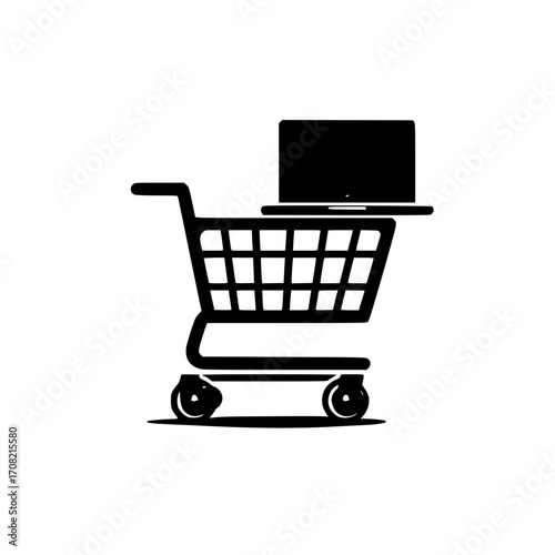 Ecommerce shopping cart with small laptop icon for online electronics and digital device sales