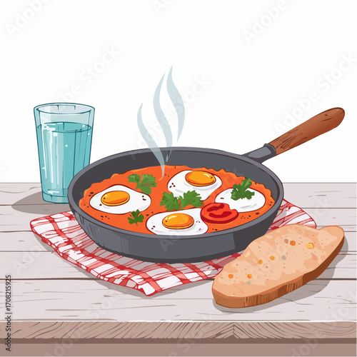 Delicious shakshuka with eggs simmering in a pan, served with crusty bread and refreshing water