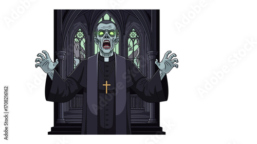 Zombie Priest: A horrifying depiction of a zombie priest, featuring glowing green eyes, emanating from an antique cathedral. This illustration embodies a spooky scene, evoking a sense of dread, doom.