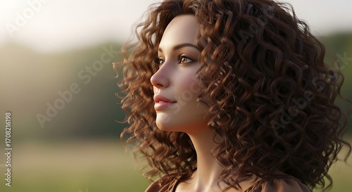 A captivating profile view of a woman with voluminous curly brown hair, highlighting soft light and a serene expression.