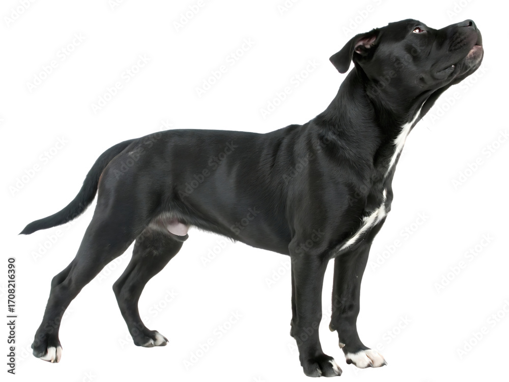 Obraz premium Elegant black dog standing attentively isolated white background, isolated on transparent background