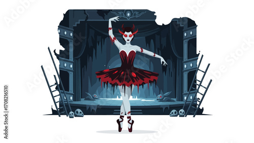 Mystic Ballerina: A whimsical illustration captures a mysterious ballerina on a gothic stage. She is dressed in a dark, elaborate costume.